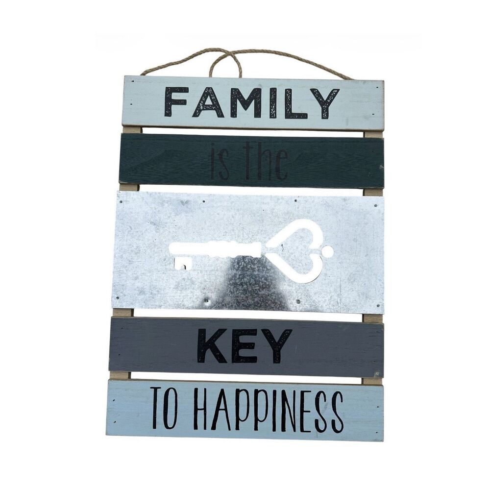 Wood Hanging Wall Sign "Family Is the Key to Happiness" 15x11 Blue/White